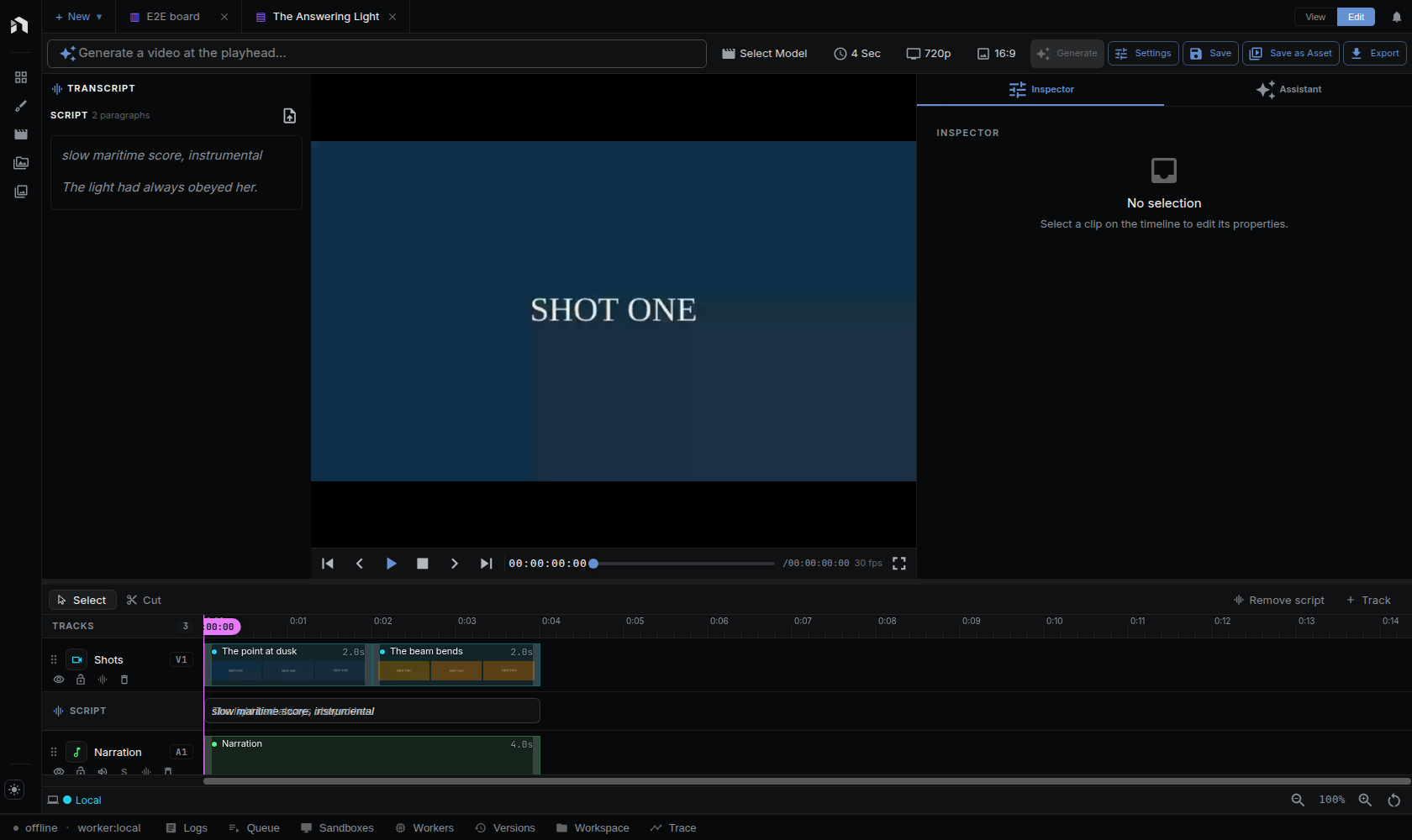 Assembled cut open in the timeline editor: shot clips on a video track, narration and music tracks