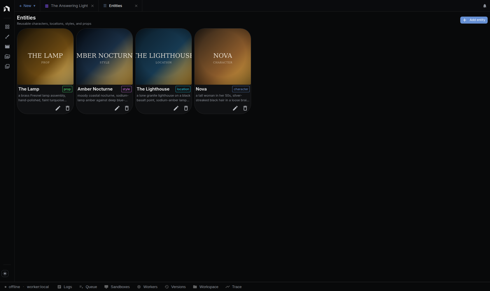 Entity library with a character, location, style, and prop