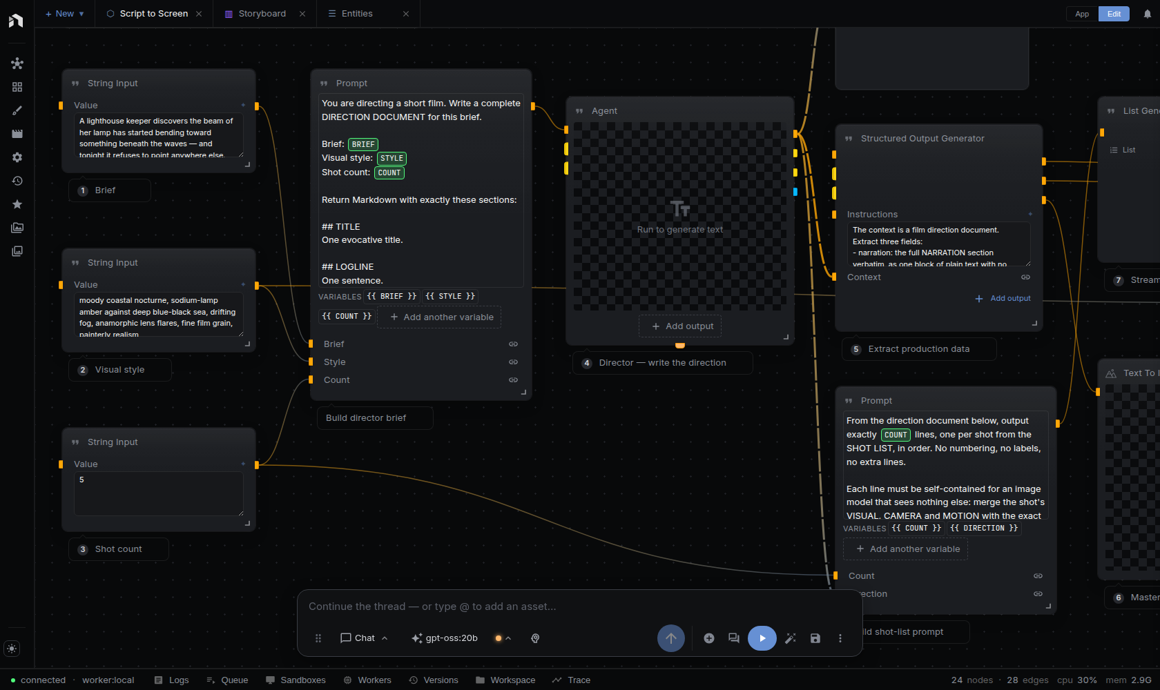 Script to Screen template open in the workflow editor
