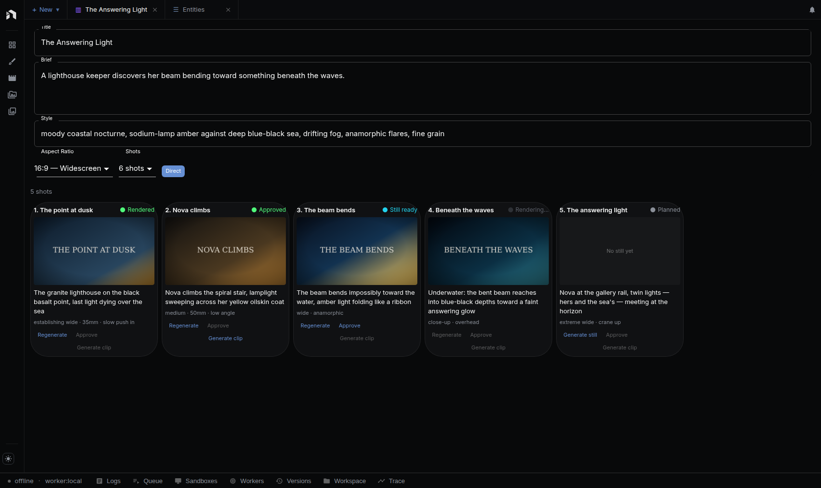 Storyboard surface with five shot cards across every status