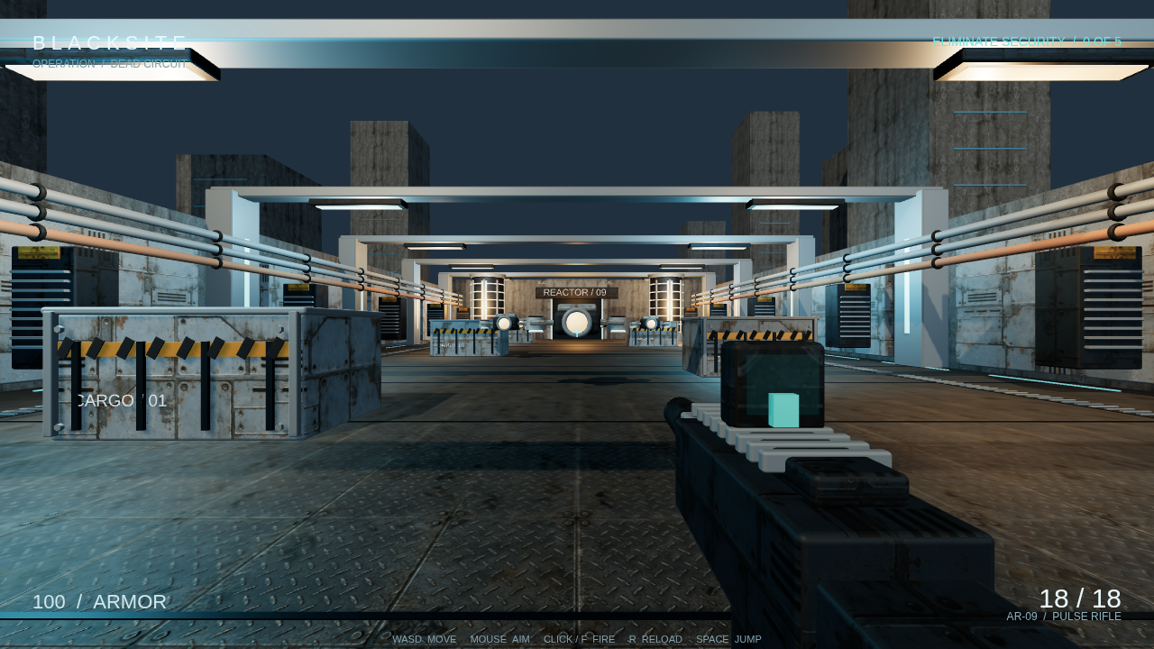 BLACKSITE HUD with objective, armor, ammunition, and control labels