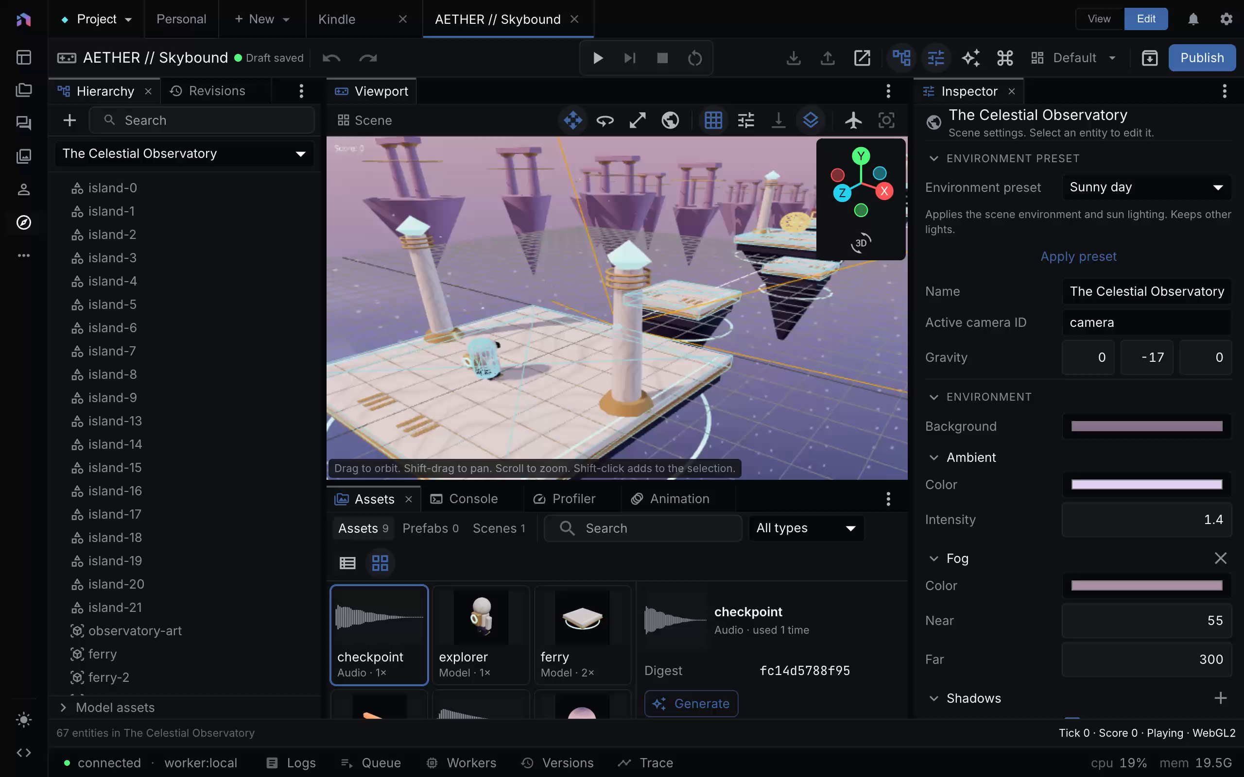 AETHER editor showing the 3D viewport and scene environment inspector