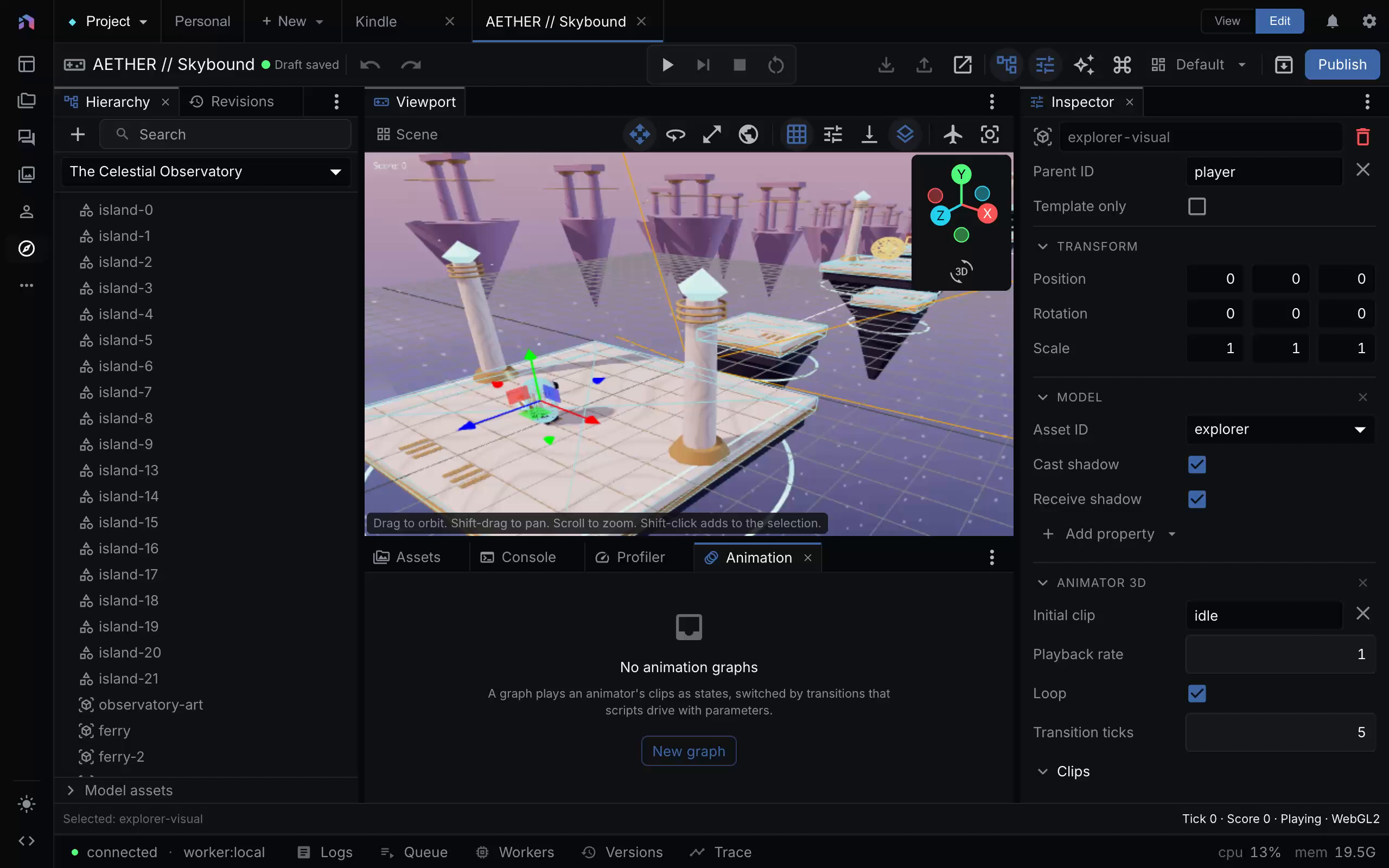 AETHER editor with the explorer model and Animator 3D clip settings