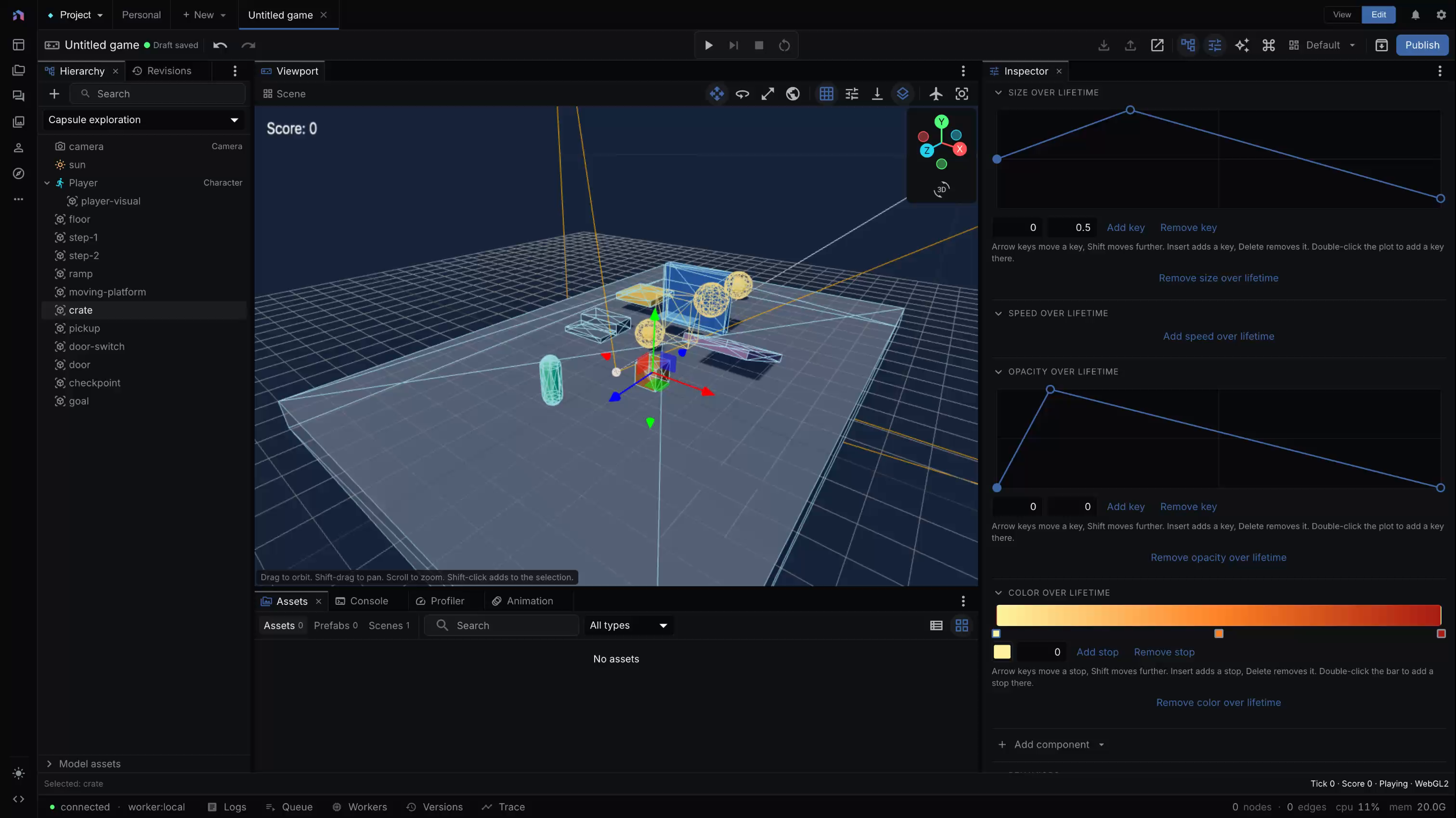 Particle size and opacity curves with the color gradient editor