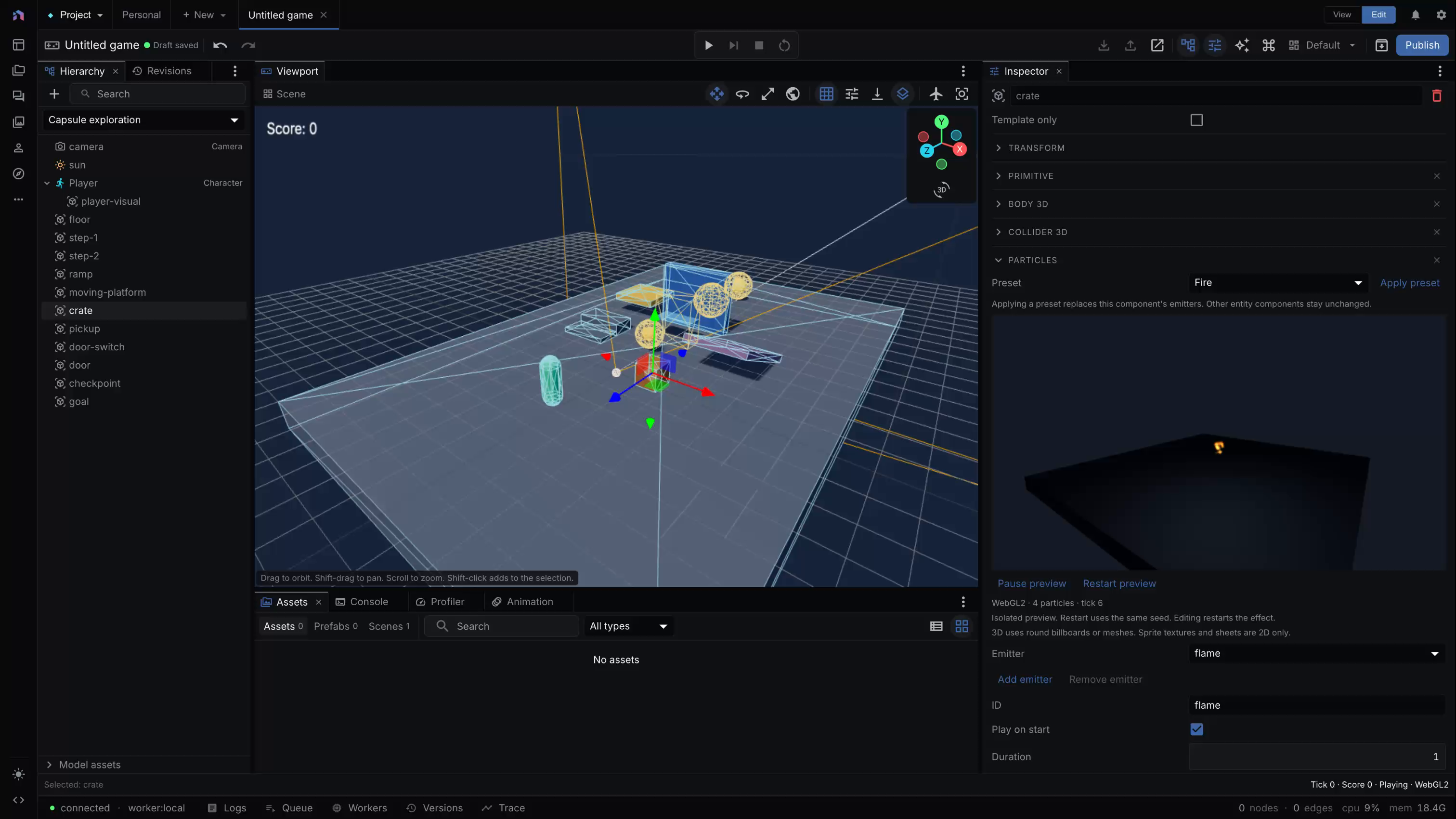 Fire preset and isolated WebGL2 preview in the 3D particle inspector