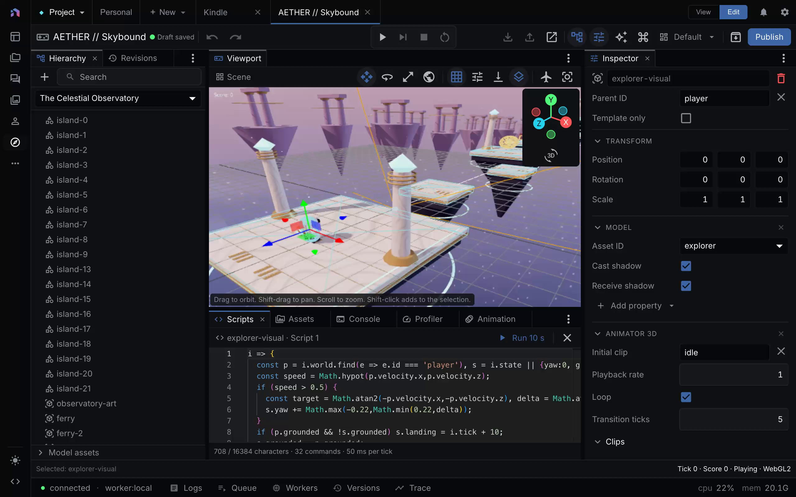 AETHER's explorer behavior open in the editor's Scripts panel