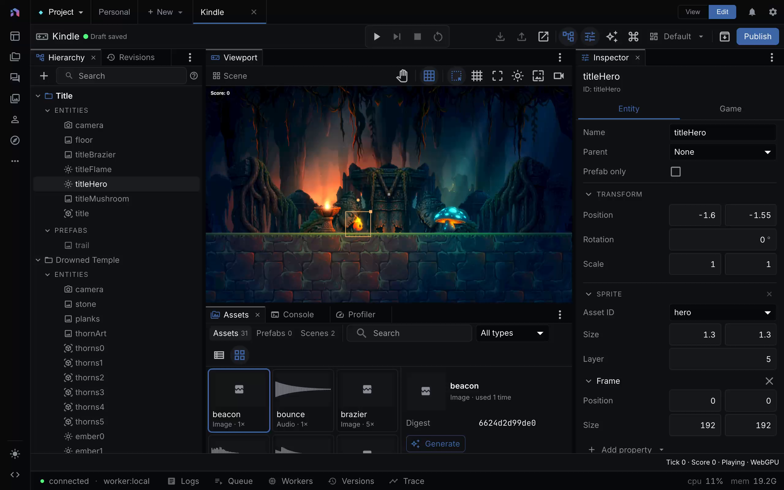 Kindle editor with the selected hero sprite, scene tree, inspector, and asset panel