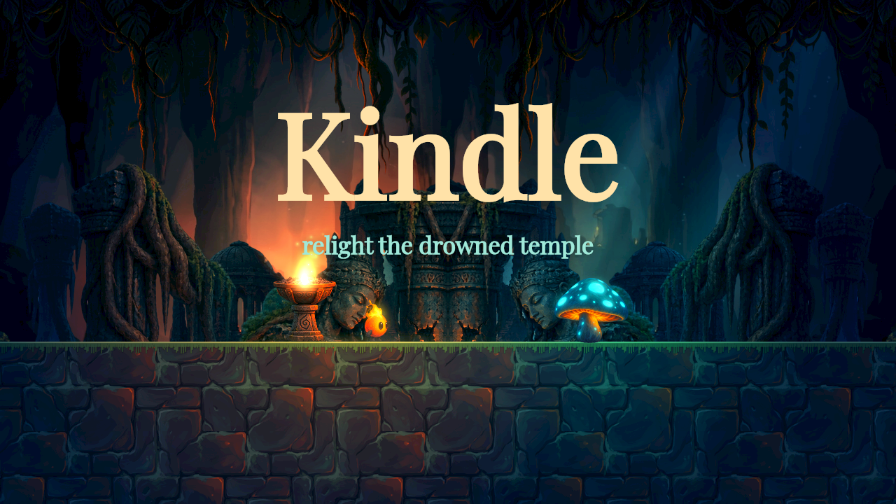Kindle title scene with layered temple art, a character sprite, and a tiled floor