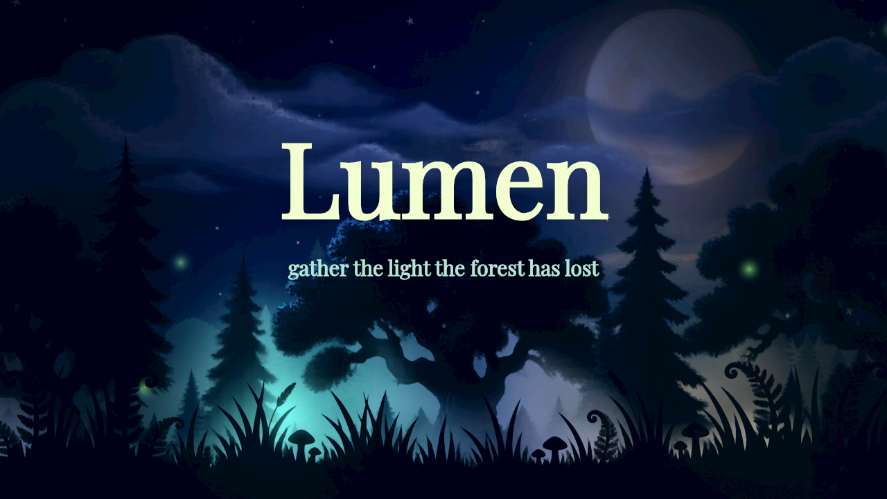 Lumen engine capture with its title, forest layers, and glowing fireflies