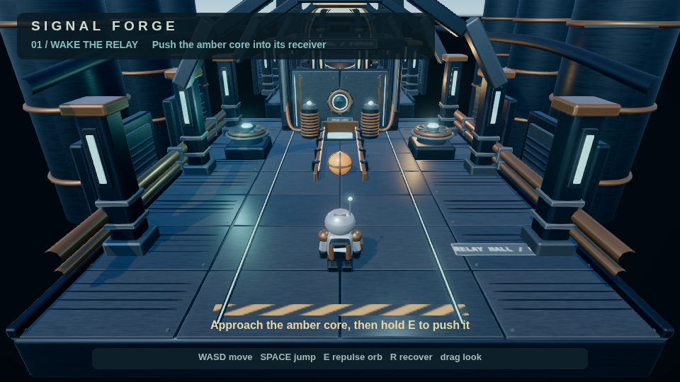 Signal Forge with its player, amber core, industrial environment, and objective HUD