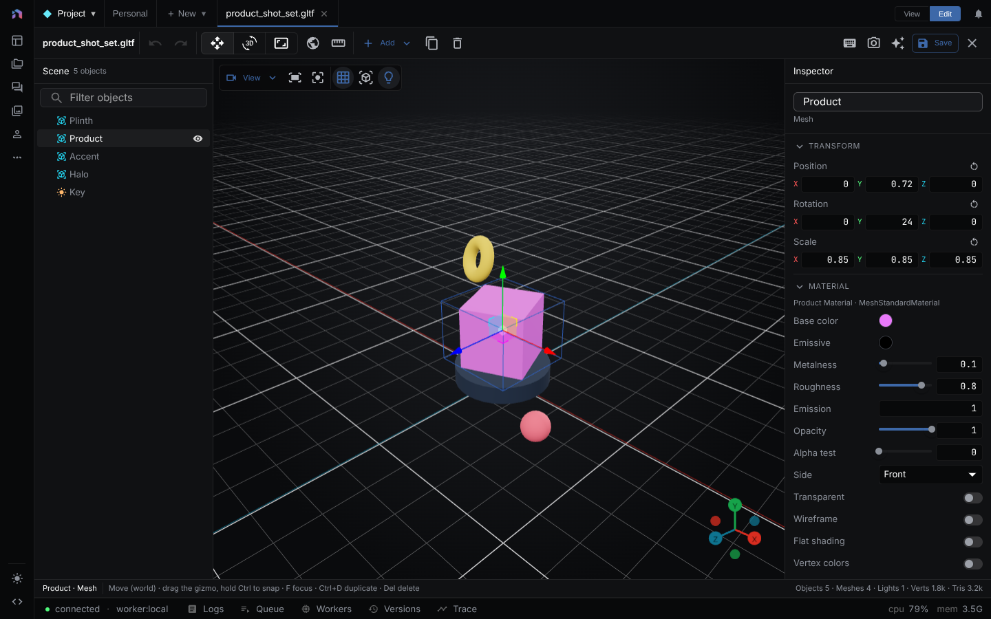 3D Editor with a product-shot set open: the scene list, the viewport with the product selected, and its transform and material in the inspector