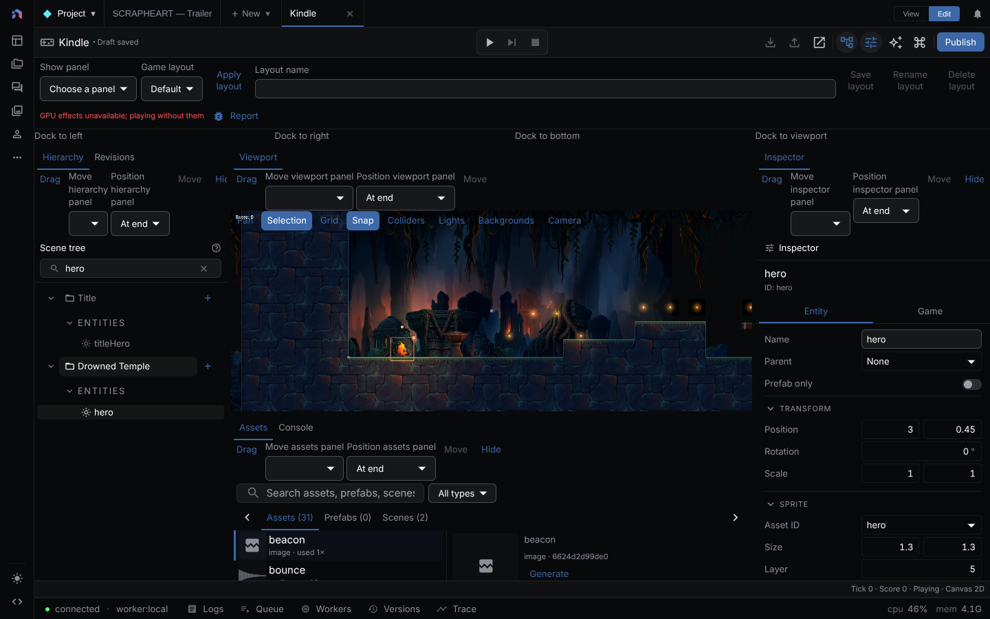 Existing game editor with scene tree, inspector, assets, and diagnostic status