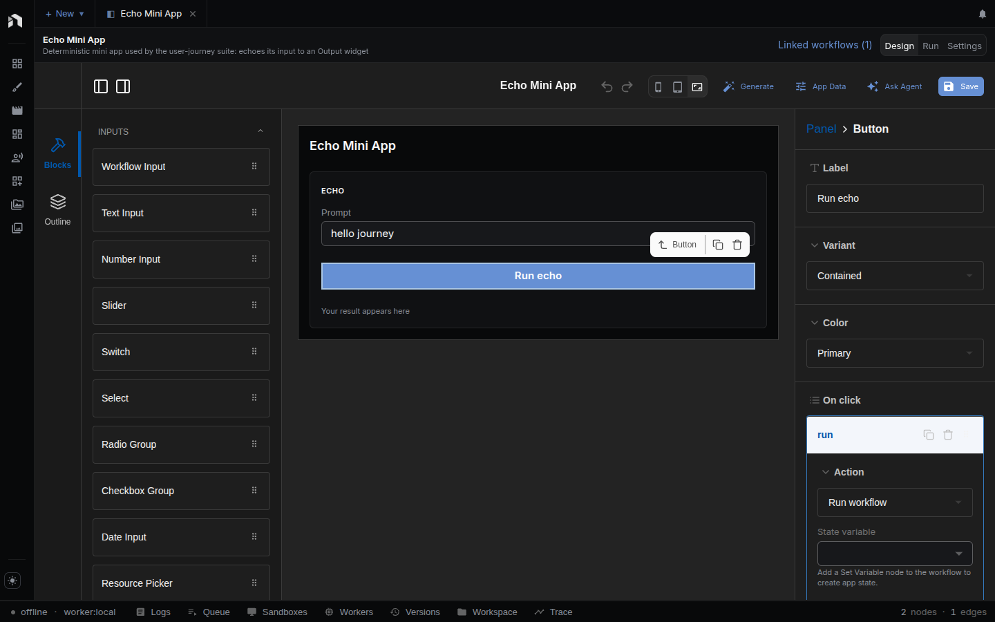 A Button's On click event set to Run workflow