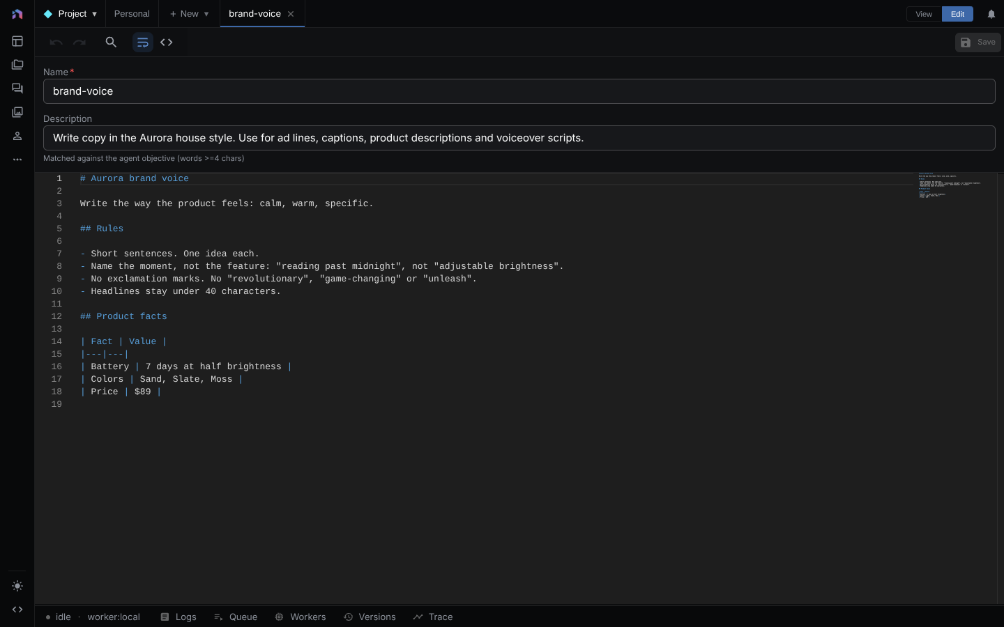 Skill editor with a brand-voice skill: its name, the description agents match against, and the Markdown body