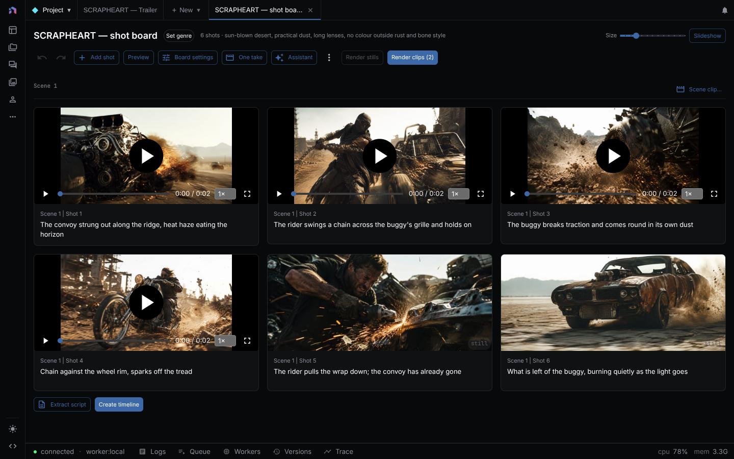 A storyboard with rendered stills and clips for each shot