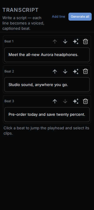 Transcript panel — one beat per line
