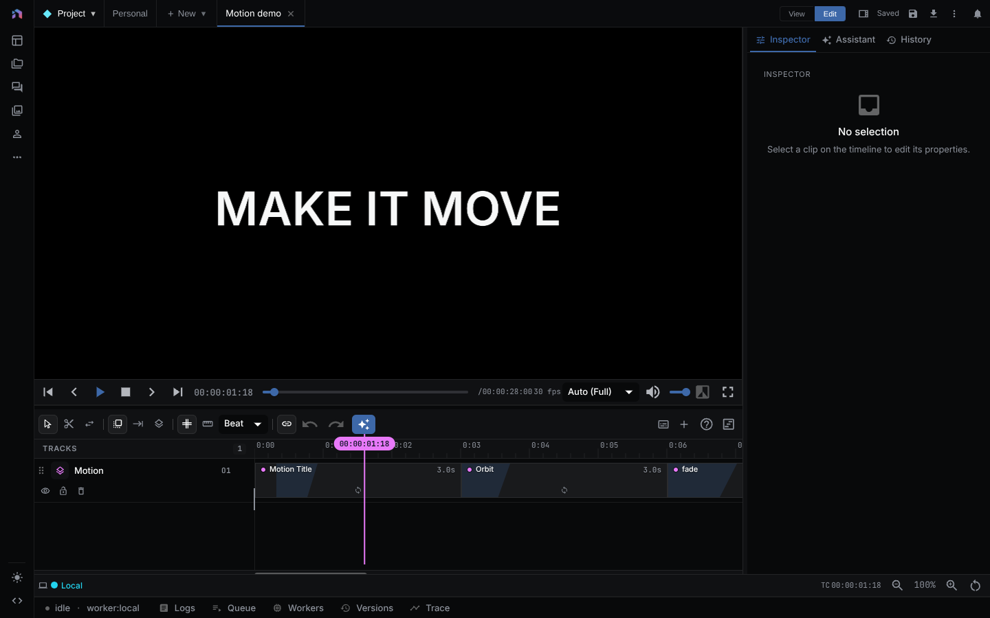 A motion title animating in the timeline viewer, with its motion clips on the track below
