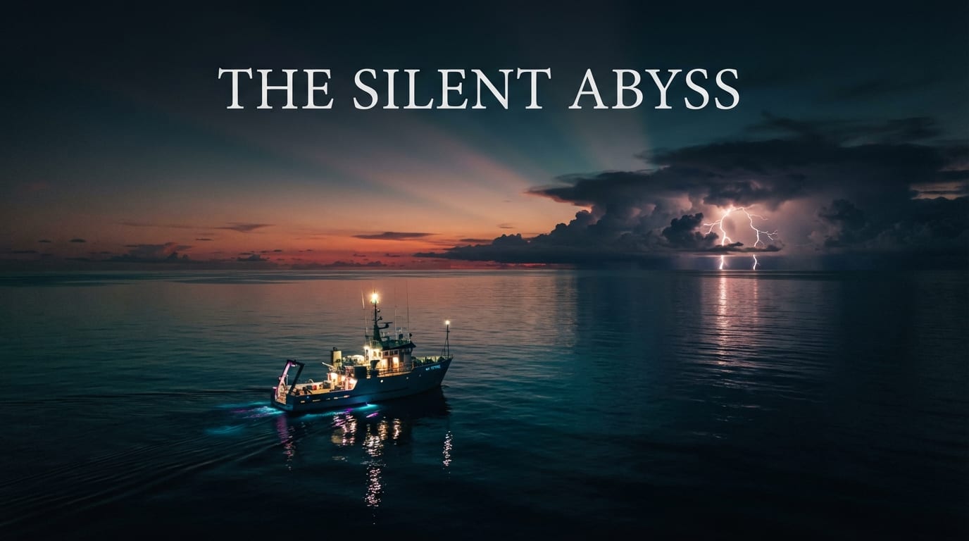 Aerial wide at dusk over a lone research vessel on a glass-calm ocean