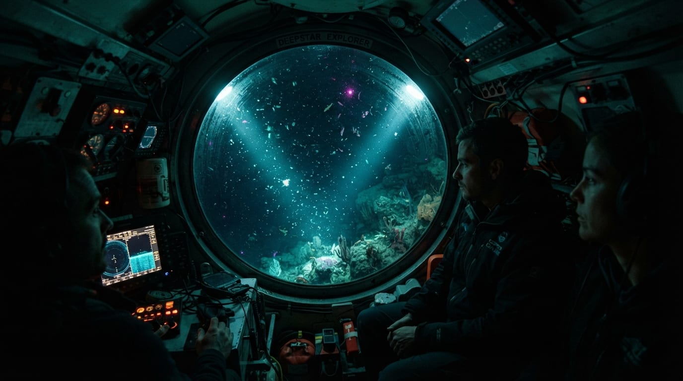 A submersible's headlights cutting through ink-black water