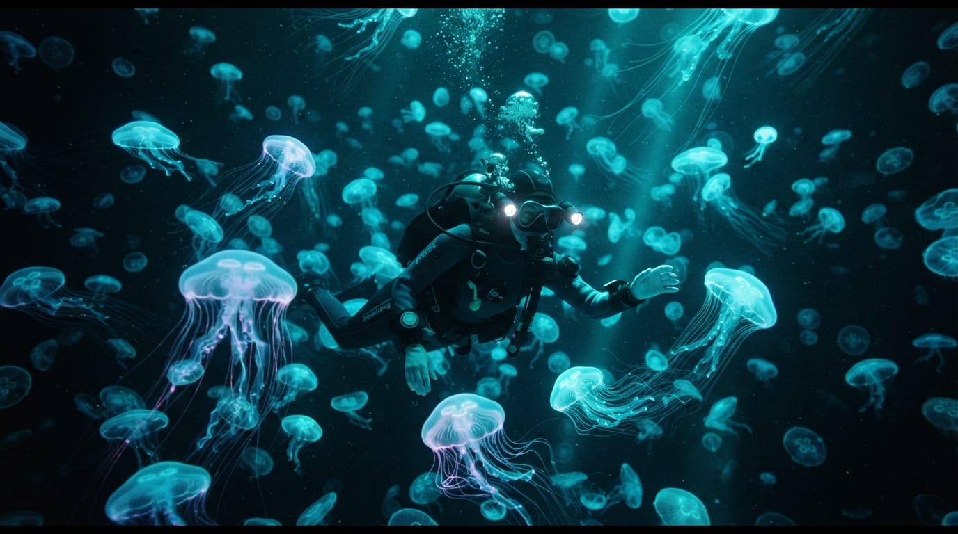 A field of bioluminescent jellyfish pulsing cyan against darkness