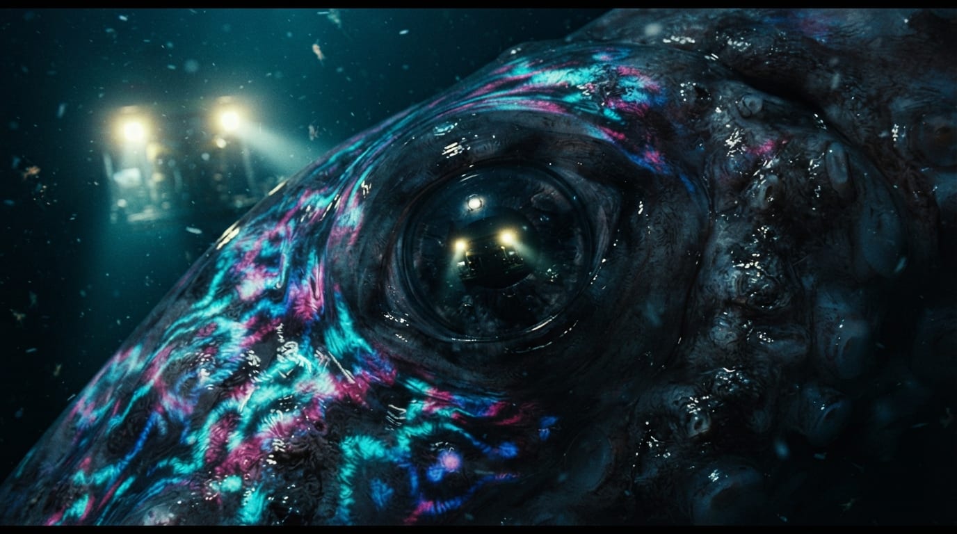 Extreme close-up of a colossal squid's eye reflecting floodlights
