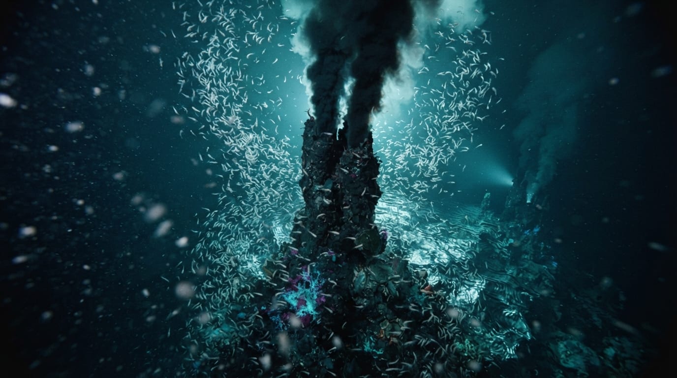 A towering hydrothermal black smoker field swarming with white shrimp