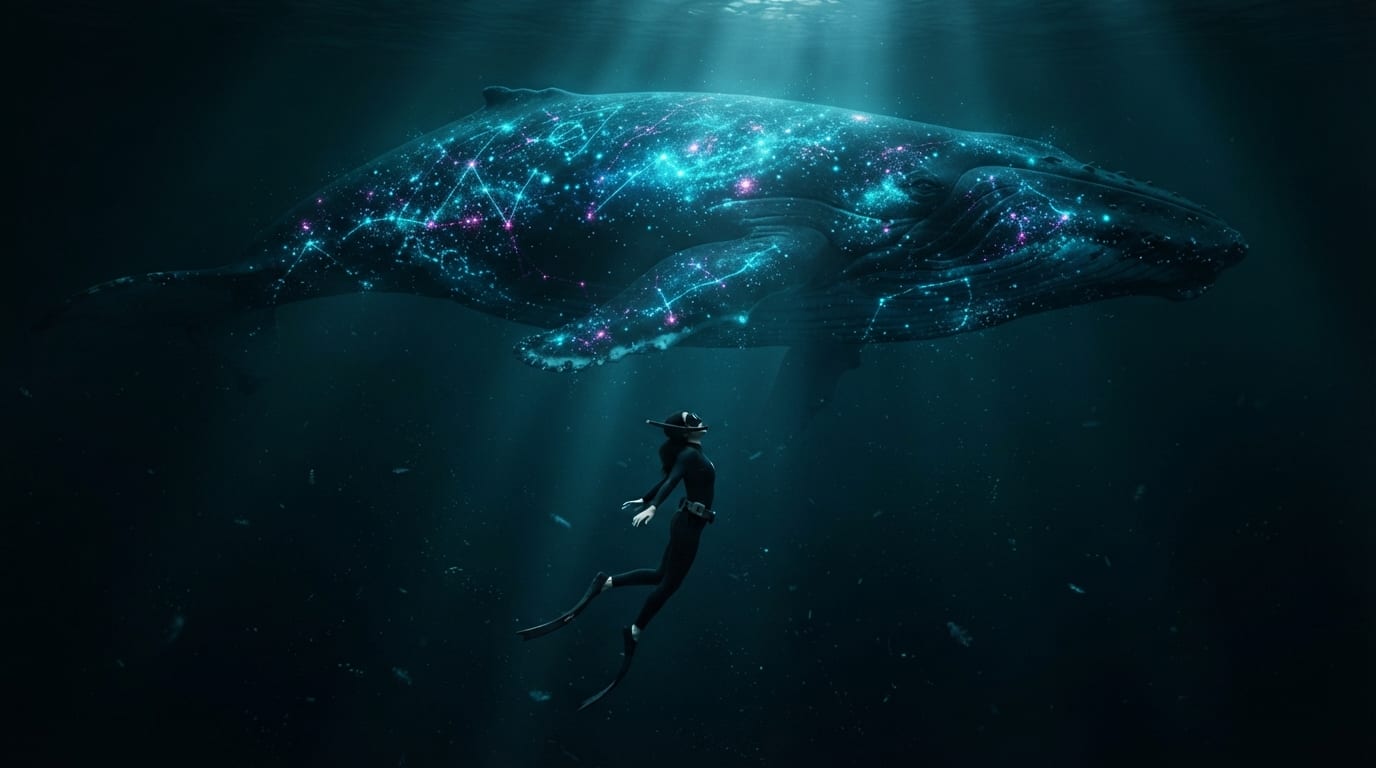 A freediver suspended in the void under a bioluminescent whale