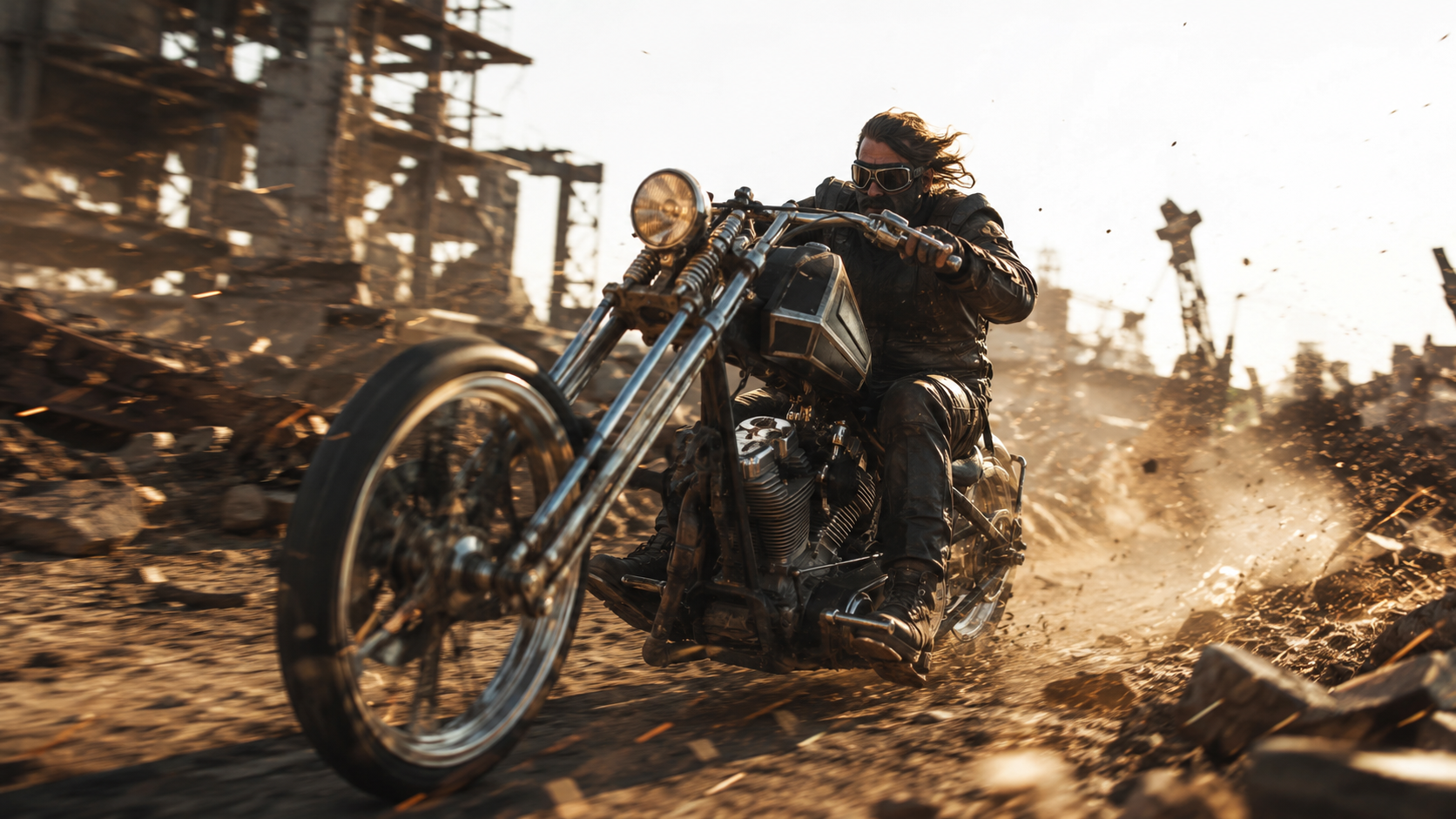 A lone rider guns it through the ruins